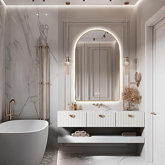 Niccy Arched LED Lighted Bathroom Mirror, 48x30 Inch Backlit Vanity Bathroom Mirror with Lights Brushed Gold Framed Wall Mounted Mirrors with 3 Color Shatterproof Arch Smart Fog Free Mirror Niccy