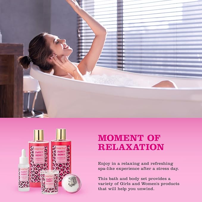 bath body Gifts for Her Home Bath Spa Gift Basket for Women Sweet Berry Bath Sets for Teens Gift Aromatherapy Home Spa Kit with Body Oil & More women's spa gift sets Best Gifts Mothers day SaintRoy