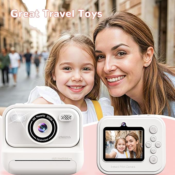 Kids Instant Print Camera,2.4 Inch Screen Kids Instant Cameras, Christmas Birthday Gifts for 3 4 5 6 7 8 9 10 Year Old Girls Boys, Portable Toddler Toy for Girls Age 3-12, White Eaever