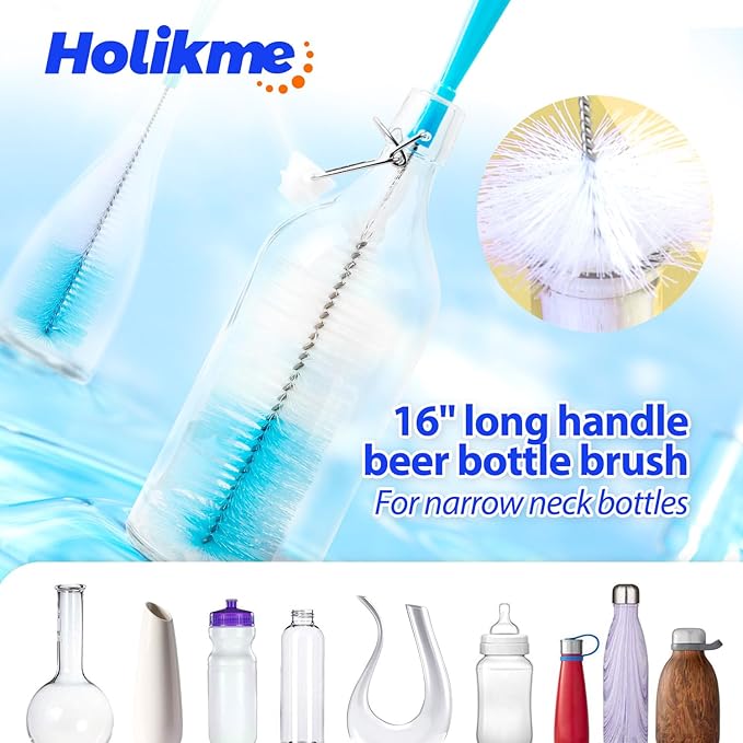 Holikme Bottle Brush Tube Cleaning Lab Set with Long Handle, Cup Cleaner for Washing Narrow Neck Beer Wine Decanter Pipes Lids Sinks Cap Covers, Pink Holikme