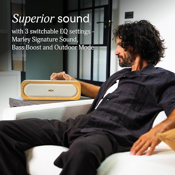 House of Marley Get Together 3 Bluetooth Speaker, 10Hr Playtime, USB-C Fast Charging, EQ Sound Modes, Ambient LED Light, 30m Wireless Range, Bamboo & Rewind Fabric Design (Cream) HouseofMarley