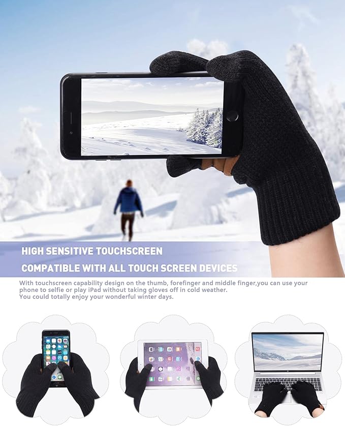 Womens Winter Warm Beanie Hat Long Neck Scarf Touchscreen Gloves Set Knit Skull Caps Pompom Fleece Gifts FZFANTASTICZONE