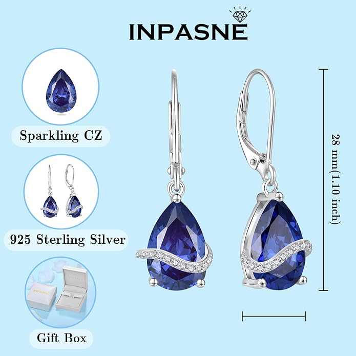 Teardrop Dangle Drop Earrings for Women 925 Sterling Silver Leverback Earrings Birthstone Jewelry Gifts for Her INPASNE