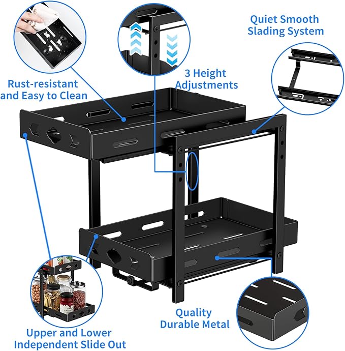 Pull Out Spice Racks for Inside Cabinets, 2-Tier Cabinet Spice Rack Organizer, Height Adjustable Vertical Spice Rack for Kitchen Cabinet (7.5''Wx10.8''Dx9.2''H, Metal Black) BOIVSHI