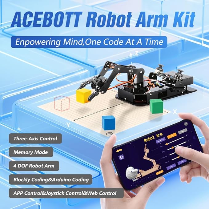 ACEBOTT 4 DOF ESP32 Robotic Arm Kit for Kids 8-12, Robotics Kit App Remote Control Robot Toys Compatible with Arduino, STEM Educational DIY Robot Arm Kit Gift for Teenagers & Adults ACEBOTT