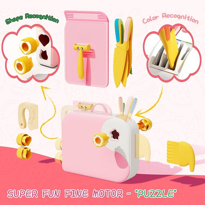 Montessori Kitchen Tools for Toddlers,Kids Knife for Real Cooking,Toddlers Knife Set with Storage Box Kids Safe Knives Children Cutting Set and Peeler,Montessori Toys for Kitchen Set -Pink Lullulii