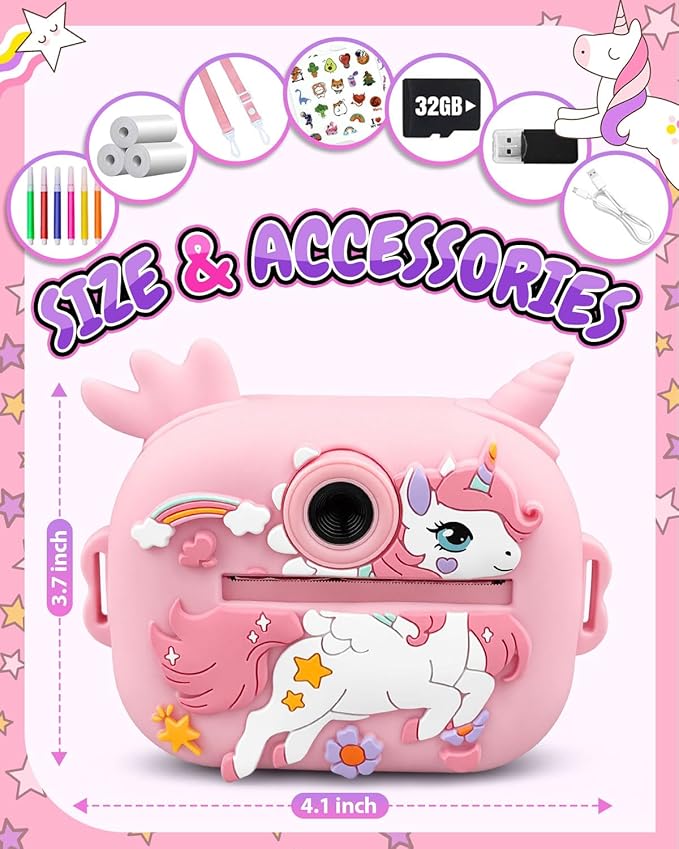 Kids Camera Instant Print, 1080P Kids Instant Cameras with Photo Printing and Fun Learning, Christmas Stuffers Birthday Gifts for Girls Age 3-12, Portable Toy for 3 4 5 6 7 8 9 10 Girls Boys, Pink Kick Boosters