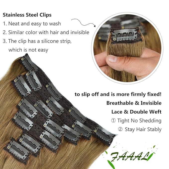 16" Clip in Human Hair Extensions Full Head 130g 7 Pieces 16 Clips 8# Light Brown Double Weft Brazilian Real Remy Hair Extensions Thick Straight Silky (16" 130g, Light Brown)