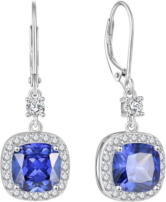 Women Leverback Earrings 925 Sterling Silver Princess Cut Halo Earrings Birthstone Dangle Drop Earrings for Women Her Mom Wife INPASNE