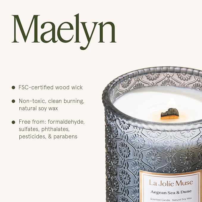 LA JOLIE MUSE Aegean Sea & Dune Candle –Cool Water, White Florals & Warm Amber | 19 oz Large Wooden Wick Candle | Natural Soy Wax | 90 Hours Clean Burn | Gift-Ready for Hosts & Gatherings LaJol%C3%ADeMuse