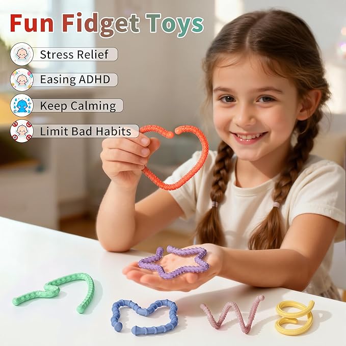 Hepotk Sensory Fidget Sticks - 6PCS Silicone Fidget Toy Pack with Mixed Textures, Random Colors & Styles | Stress Relief Toys for Autistic Kids 3+ & Adults | Must-Have for Travel, School & Home