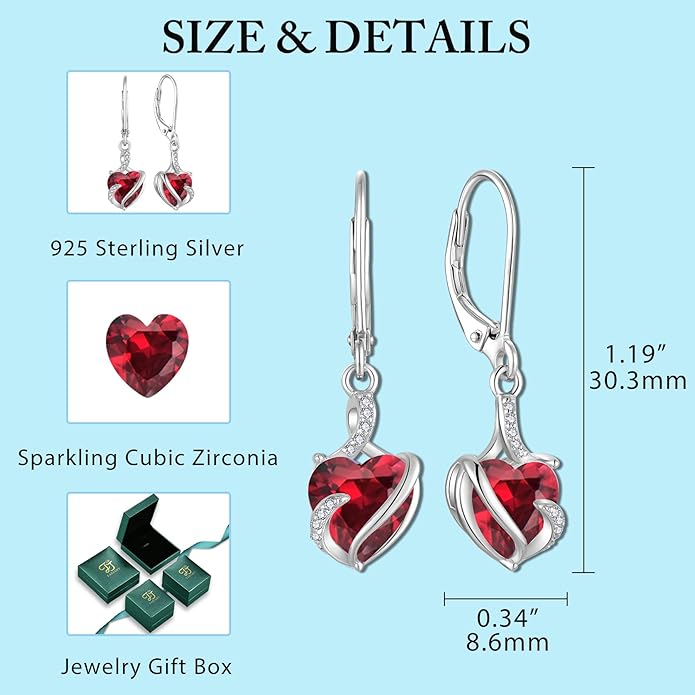 FJ Heart Dangle Drop Earrings 925 Sterling Silver Infinity Leverback Earrings Birthstone Jewelry for Women FJ