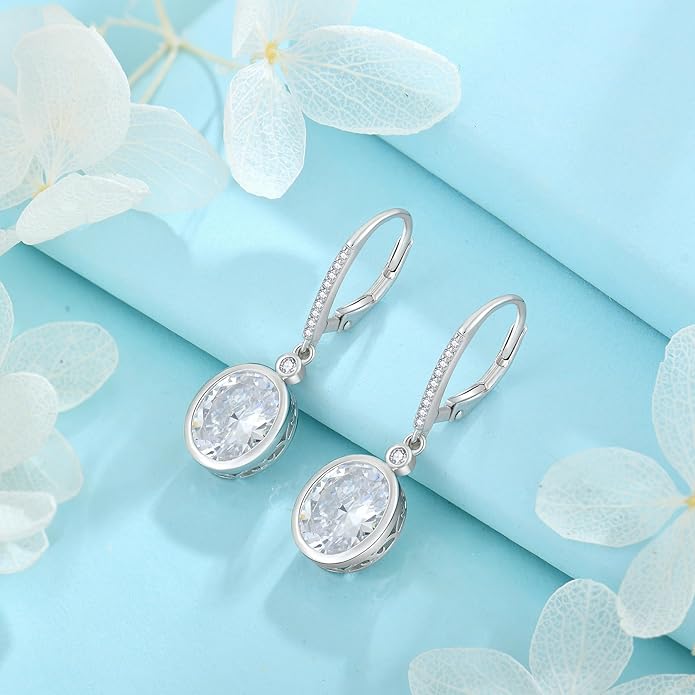 FJ Oval Cut Dangle Drop Earrings 925 Sterling Silver Leverback Earrings Birthstone Jewelry Gifts for Women FJ