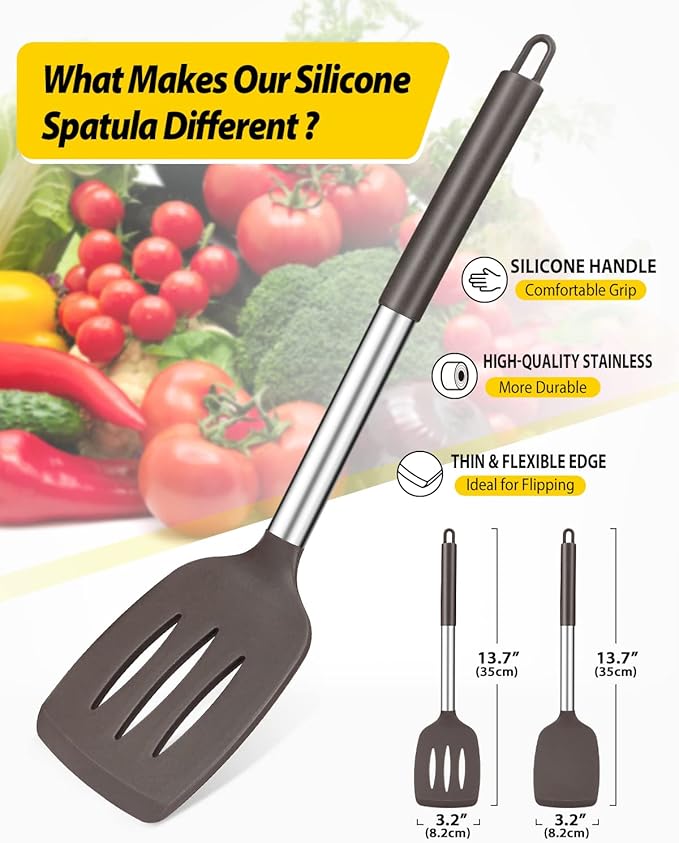 Pack of 2 Silicone Solid Turner, Non Stick Slotted Kitchen Spatulas, High Heat Resistant BPA Free Cooking Utensils, Ideal Cookware for Fish, Eggs, Pancakes(Chocolate) BUNDLEPRO