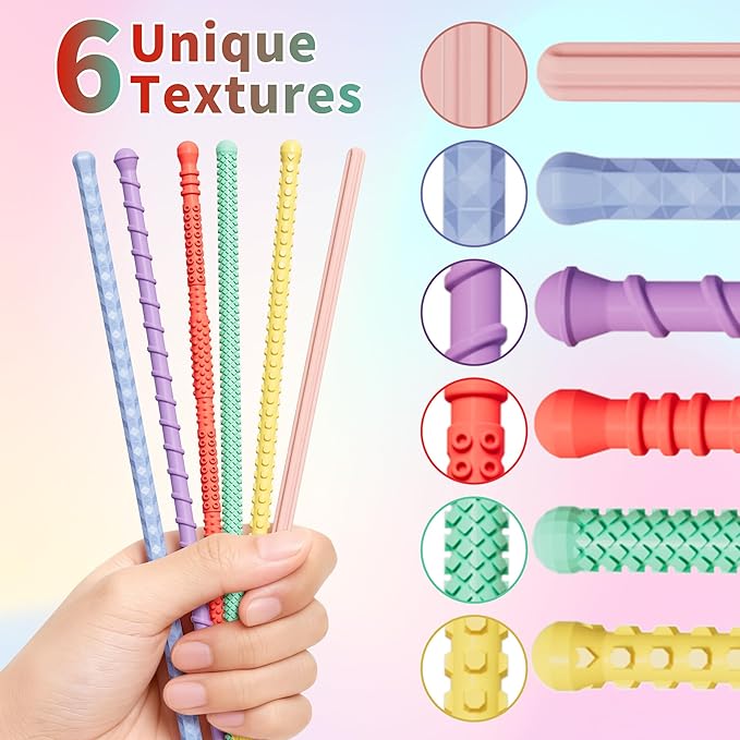 Hepotk Sensory Fidget Sticks - 6PCS Silicone Fidget Toy Pack with Mixed Textures, Random Colors & Styles | Stress Relief Toys for Autistic Kids 3+ & Adults | Must-Have for Travel, School & Home