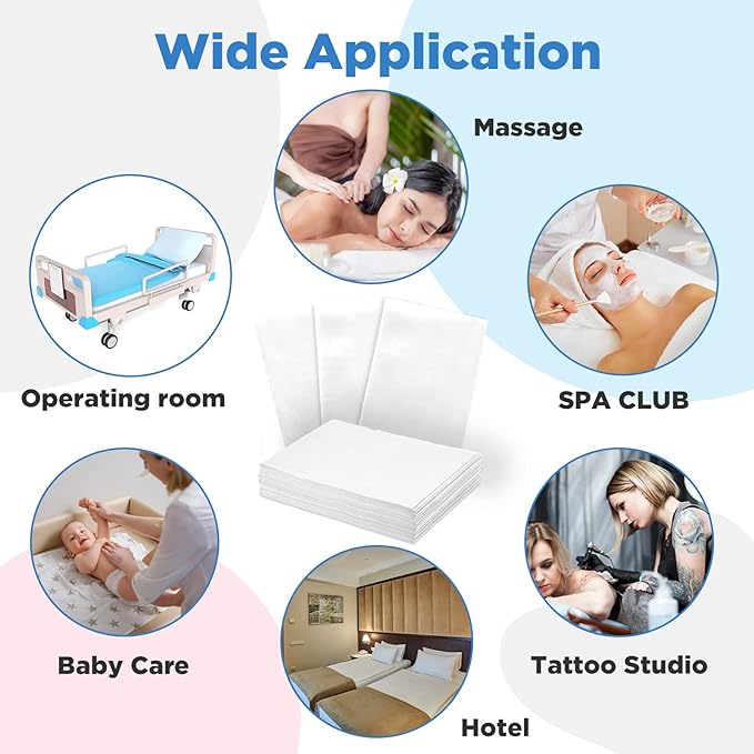 Tegeme 150 Pieces Disposable Massage Table Sheets 31" x 70" Waterproof Bed Sheets Non Woven Bed Cover for Massage Table Beauty Salons Tatto Spa Hotels(White) Tegeme