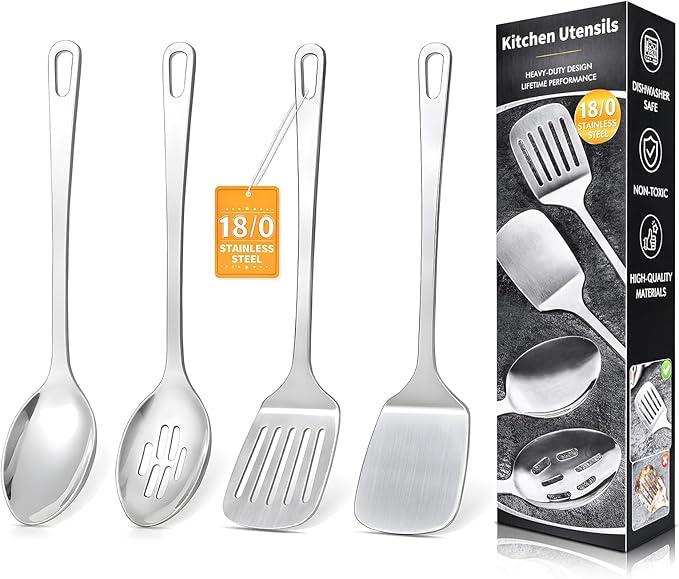 4 Pcs Cooking Utensils Set, Stainless Steel Kitchen Utensils, Heat Resistant Metal Kitchen Tools Include Solid & Slotted Turner Wok Spatula, Serving Spoon, Ergonomic Handle, Easy to Clean, Silver Kick Boosters