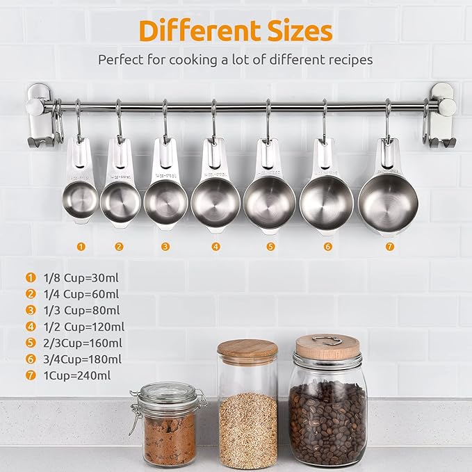 Measuring Cups: U-Taste 18/8 Stainless Steel Measuring Cups Set of 7-Piece: 1/8 Cup, 1/4 Cup, 1/3 Cup, 1/2 Cup, 2/3 Cup, 3/4 Cup, 1 Cup Dry and Liquid Ingredients U-Taste