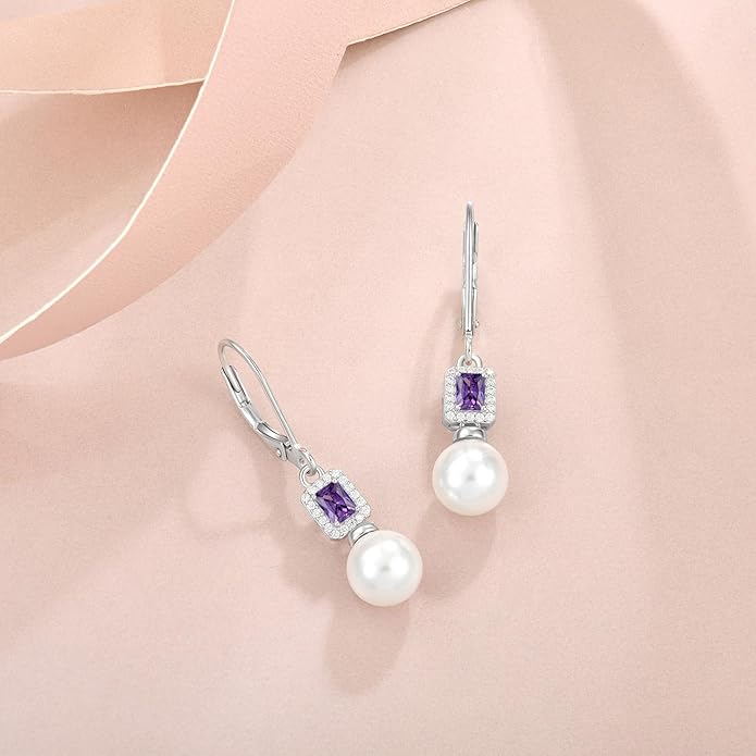 Pearl Drop Earrings Dangling 925 Sterling Silver Emerald Cut Leverback Earrings Birthstone Jewelry for Women INPASNE