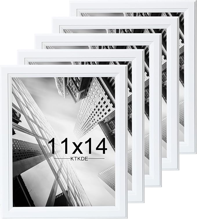 KTKDE 11x14 Picture Frame Set of 5,White Wooded Shatter Resistant Glass, Vertical & Horizontal Wall Hanging for Wall Display,Studio Gallery Photo Frame for Photos, Posters & Art Prints KTKDE