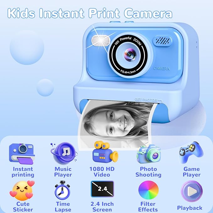 Kids Toys Instant Print Camera,2.4 Inch Screen Kids Instant Cameras, Christmas Birthday Gifts for Girls Age 3-12, Portable Toddler Toy for 3 4 5 6 7 8 9 10 Year Old Girls Boys Eaever