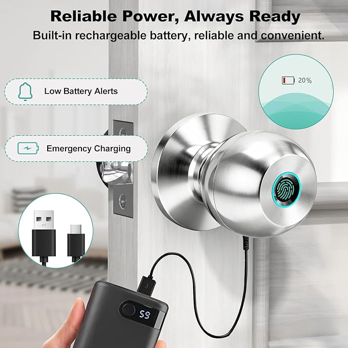 Fingerprint Door Lock, Smart Door Knob, Keyless Entry Door Lock with App Control, Thumbprint Door Knob with Backup Key, Suitable for Home, Bedroom, Apartments, Garage, Office - Sliver UMIKSMARTLOCK