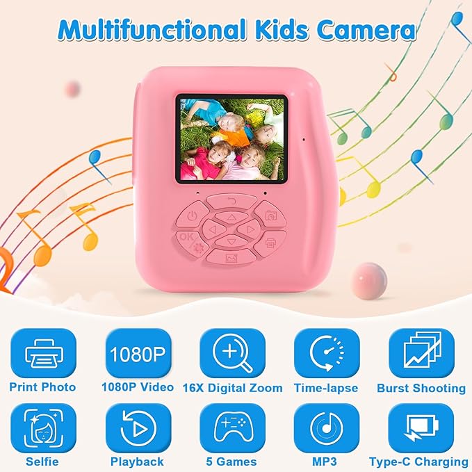 Kids Camera Instant Print - Kids Printing Cameras That Print Photos Toddler Digital Camera for Kid 1080P Toys Video Cameras Christmas Birthday Gifts for 3-12 Year Old Girls Boys Pink PROGRACE