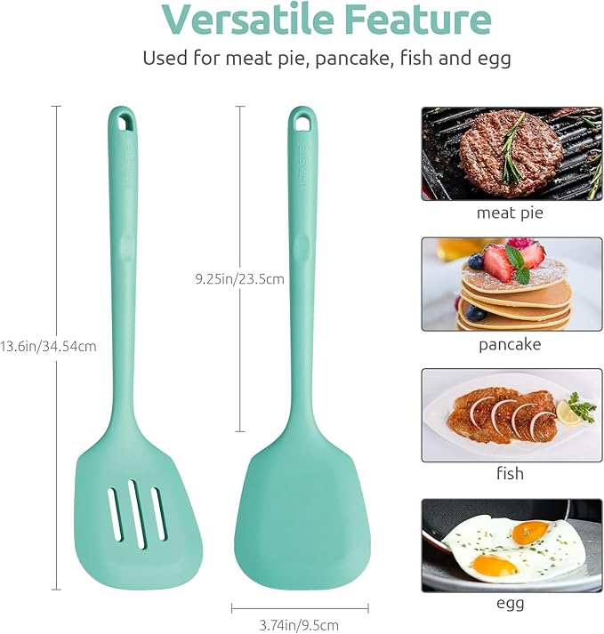 U-Taste 600ºF Heat Resistant Silicone Turners: 13.6in Long Solid & Slotted Kitchen Spatula Flipper, Wide and Large Flexible Cooking Utensil for Flipping Egg, Pancake, Cookie (Aqua Sky, 2PCS) U-Taste