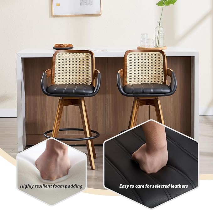 Bar Stools Set of 2, 26" Faux Leather Modern Swivel Barstools with Rattan Back, Counter Height Boho Bar Chairs for Kitchen Island or Home Bar - Black VipDesk