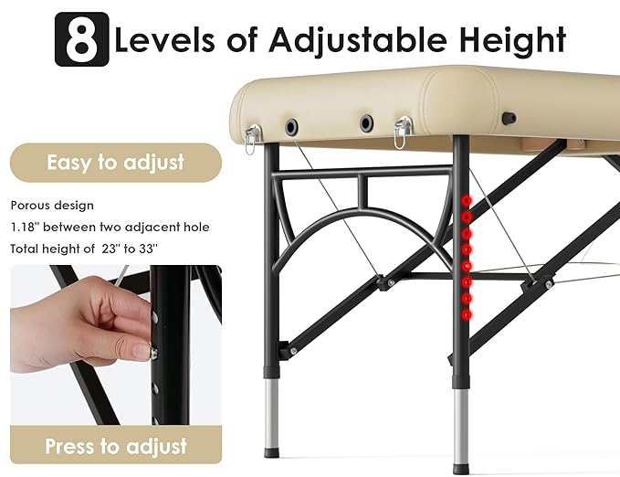 CLORIS 84" Professional Massage Table Portable 2 Folding Lightweight Facial Salon Spa Tattoo Bed Height Adjustable with Carrying Bag & Aluminium Leg Hold Up to 1100LBS Cream CLORIS-Direct