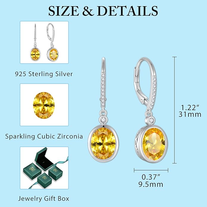 FJ Oval Cut Dangle Drop Earrings 925 Sterling Silver Leverback Earrings Birthstone Jewelry Gifts for Women FJ