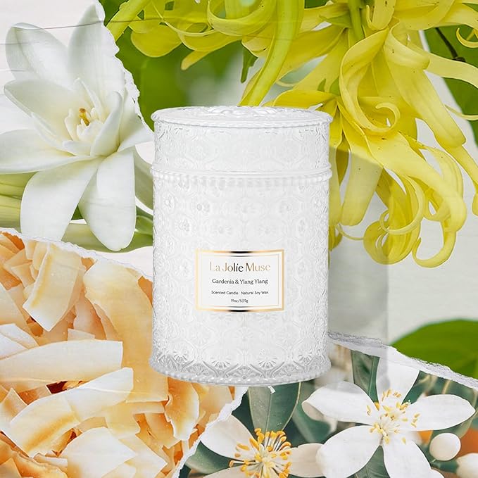 LA JOLIE MUSE Gardenia & Ylang Ylang Scented Candle – Ylang, Tuberose, Orange Blossom |19 oz Large Wooden Wick Candle | Natural Soy Wax | 90 Hours Clean Burn | Gift-Ready for Hosts LaJol%C3%ADeMuse