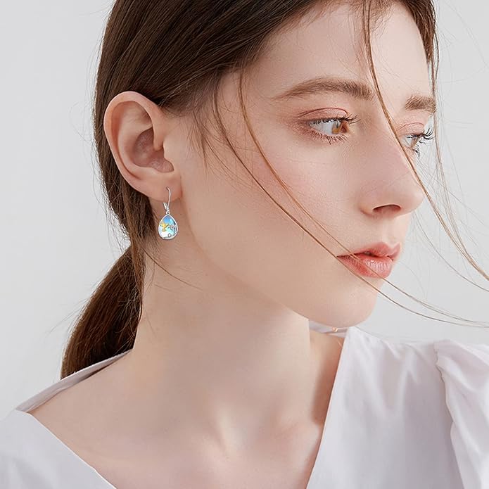 YFN Bee/Flower/Hummingbird Bird Moonstone Earrings 925 Sterling Silver Teardrop Dangle Hypoallergenic Leverback Earring for Women YFN