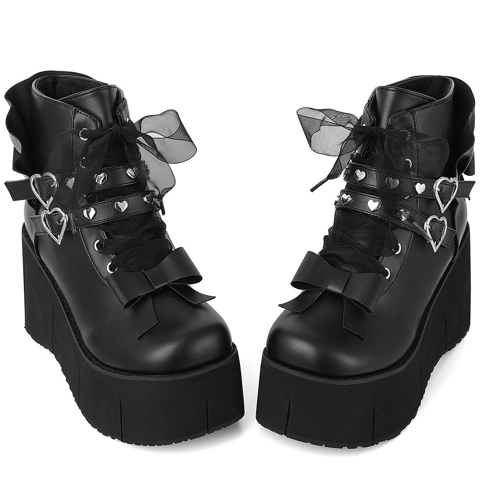 Heart Buckle Bow Platform Boots