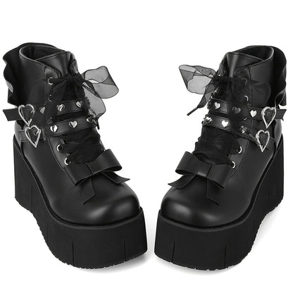 Heart Buckle Bow Platform Boots