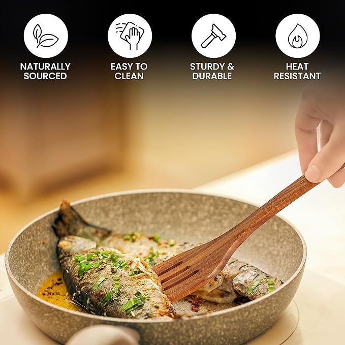 Zulay Kitchen Teak Wood Slotted Spatula – Durable & Heat-Resistant Cooking Utensil for Non-Stick Pans – Wooden Turner for Stirring, Flipping & Serving - Brown ZulayKitchen