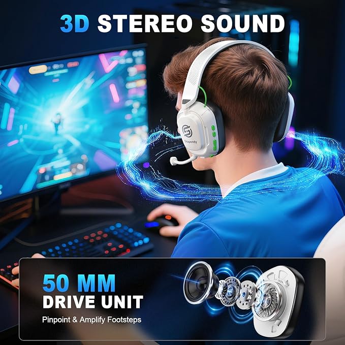 SKAPENDY 2.4GHz Wireless Gaming Headset for PS5, PS4, Switch, Mac, PC, Ultra-Low Latency, 50+ Hr Battery, Stereo Sound Bluetooth Gaming Headphones with Noise-Canceling Mic Skapendy