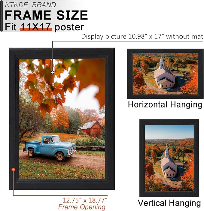 KTKDE 11x17 Picture Frame Set of 3,Black Wooden Shatter Resistant Glass, Vertical & Horizontal Wall Hanging for Wall Display,Studio Gallery Photo Frame for Photos, Posters & Art Prints KTKDE