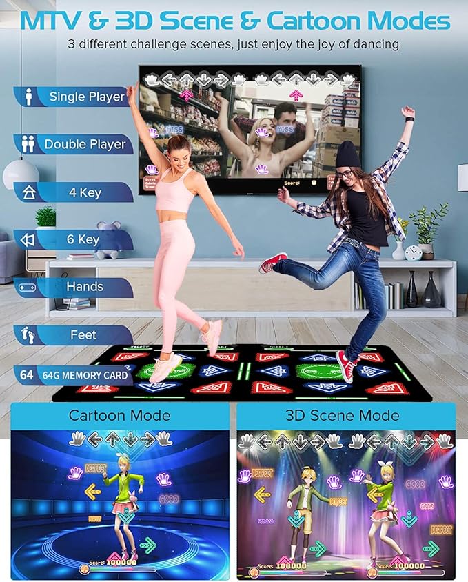 HDMI Dance Mat with Upgraded 64GB Memory Card,1000 Games,885 Songs and 81 MTVs;Features Dance,Yoga,Aerobics,Running,Sports and Puzzle Game Modes Flannel Material.A for Kids. Kick Boosters