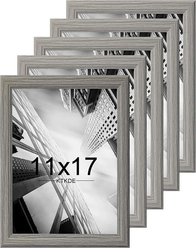 KTKDE 11x17 Picture Frame Set of 5,Grey Wooded Shatter Resistant Glass, Vertical & Horizontal Wall Hanging for Wall Display,Studio Gallery Photo Frame for Photos, Posters & Art Prints KTKDE
