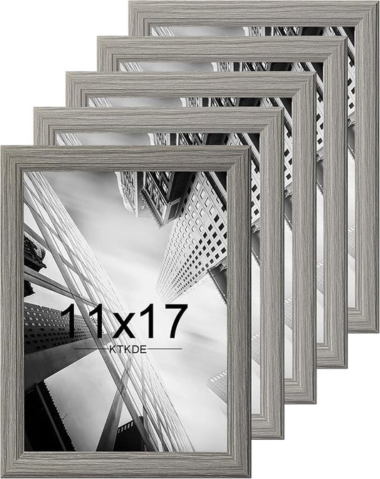 KTKDE 11x17 Picture Frame Set of 5,Grey Wooded Shatter Resistant Glass, Vertical & Horizontal Wall Hanging for Wall Display,Studio Gallery Photo Frame for Photos, Posters & Art Prints KTKDE