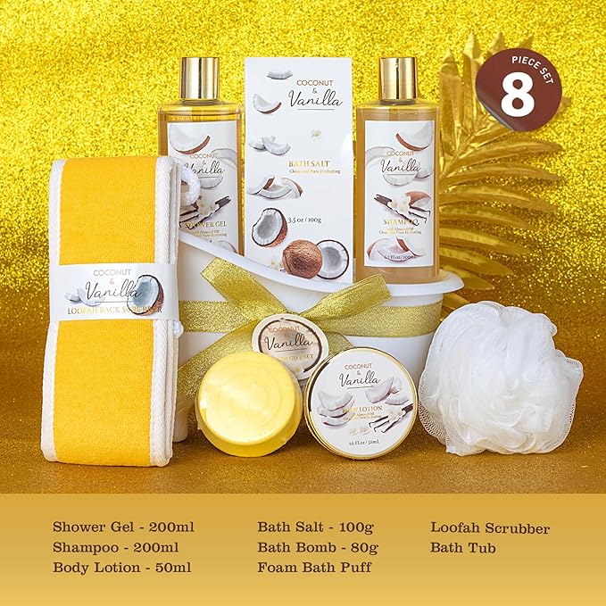 Christmas Gifts for Women and Men - 8-Piece Luxury Coconut Vanilla Bath & Body Gift Set for Women Self Care Kit Spa Gift Baskets | Perfect Gifts for Mom, Birthday Gifts, All Occasion Holiday Present SaintRoy