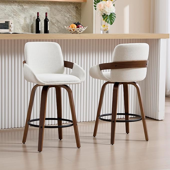 Beige Fabric Swivel Bar Stools with Back, Walnut Bentwood Mid-Century Design, Modern Set of 2 Bar Chairs with Curved Back and 360° Swivel, Ideal for Home Bars, Kitchens, Dining Spaces VipDesk