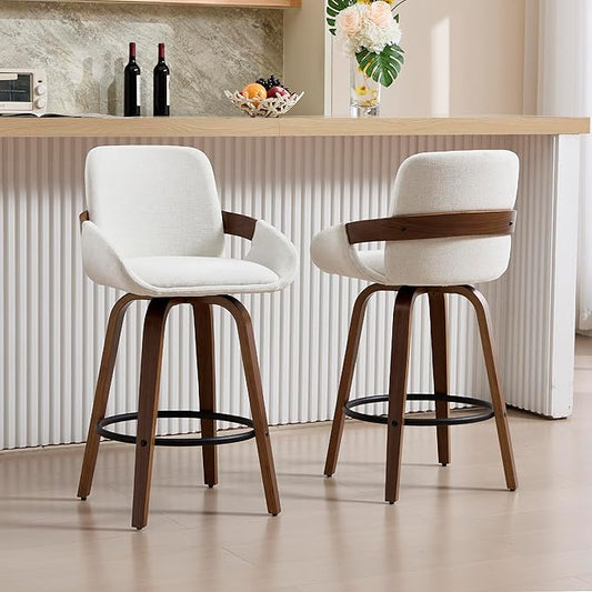 Beige Fabric Swivel Bar Stools with Back, Walnut Bentwood Mid-Century Design, Modern Set of 2 Bar Chairs with Curved Back and 360° Swivel, Ideal for Home Bars, Kitchens, Dining Spaces VipDesk