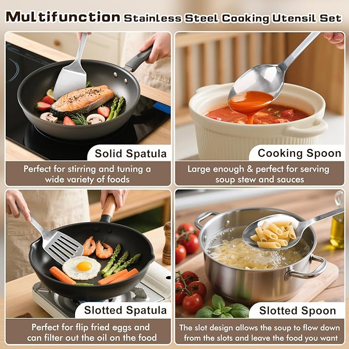 4 Pcs Cooking Utensils Set, Stainless Steel Kitchen Utensils, Heat Resistant Metal Kitchen Tools Include Solid & Slotted Turner Wok Spatula, Serving Spoon, Ergonomic Handle, Easy to Clean, Silver Kick Boosters