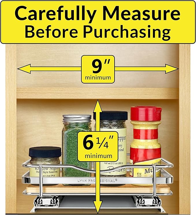 LYNK PROFESSIONAL® Élite™ Pull Out Spice Rack Organizer for Inside Kitchen Cabinets - 8-3/8 inch Wide - Slide Out Drawer – Wood/Chrome Sliding Spice Cabinet Organization Shelf Racks - 1 Tier LYNKPROFESSIONAL