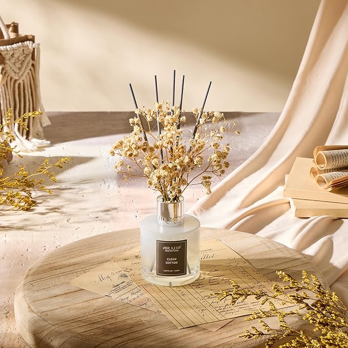 Airkeep Reed Diffuser Set,3.38 fl oz (100 ml) - Clean Cotton Oil Diffusers with 8 Reed Sticks, Home Fragrance Reed Diffuser for Bathroom Shelf Decor Airkeep