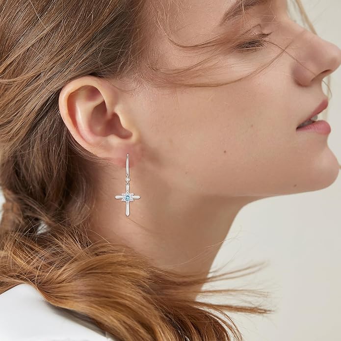 FANCIME Cross Dangle Drop Earrings 925 Sterling Silver Dainty Round Birthstone Earring Fine Jewelry Birthday Gifts for Her Women FANCIME