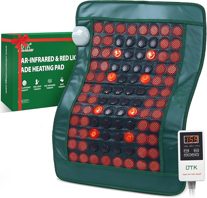 UTK Far Infrared Heating Pad for Back with Red Light Therapy, 8X Pain Relief for Body, Hot to 159℉, FSA-HSA Eligible, Auto Shut Off, 64 Jades & 24 Magnets Stone, Gift for Women Men, 26 x 20'' UTK