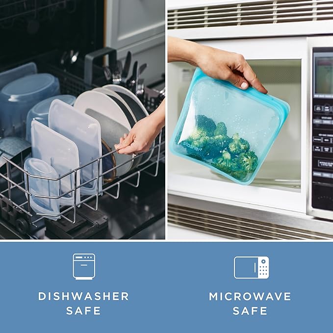 Stasher Premium Silicone Reusable Food Storage Bags and Stretch Lids 10-Pack, Clear, Airtight Seal, Food Containers & Covers, Boxed Starter Kit, BPA Free, Leak-free, Dishwasher Safe, Eco-Friendly Stasher